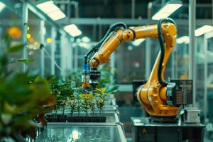 A futuristic robotic arm set amidst lush greenery in an industrial greenhouse, blending modern automation with natural elements. Ideal for tech, agriculture, and sustainability themes. photo