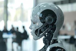 Sophisticated robotic business assistant stands, showcasing cutting-edge technology, precision engineering, ultrarealistic design tailored for professional environments. photo