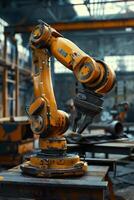 Industrial robot arm at work within factory setting, highlighted by its precision and efficiency in manufacturing processes. Automation, industry and modern manufacturing technologies. photo