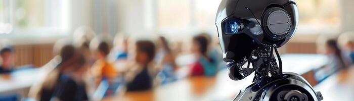 Robotic teacher in classroom, modern educational environment. Perfect for themes of futuristic education, technology integration in schools. Robot, cyborg educator. photo