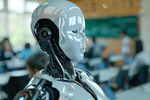 Robotic teacher in classroom, modern educational environment. Perfect for themes of futuristic education, technology integration in schools. Robot, cyborg educator. photo