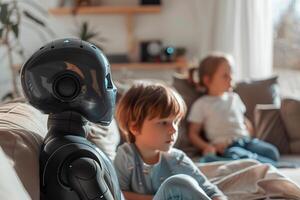 Futuristic robotic nanny gazes forward while a children play in blurred background of a modern home. This image illustrates the intersection of technology and caregiving. photo