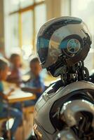Robotic teacher in classroom, modern educational environment. Perfect for themes of futuristic education, technology integration in schools. Robot, cyborg educator. photo
