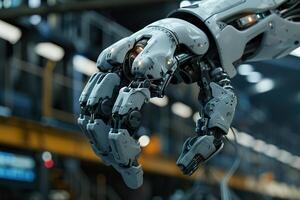 Highly detailed robotic arm in modern industrial setting, displaying intricate mechanical components and a futuristic design, symbolizing advanced automation and precision engineering. photo