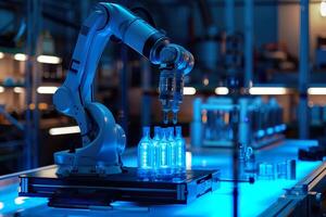 A highly advanced robotic arm in a futuristic factory setting accurately processes glowing blue bottles, showcasing the integration of robotics in industrial automation. photo