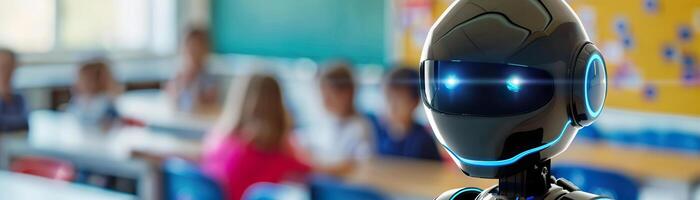Robotic teacher in classroom, modern educational environment. Perfect for themes of futuristic education, technology integration in schools. Robot, cyborg educator. Panoramic banner. photo