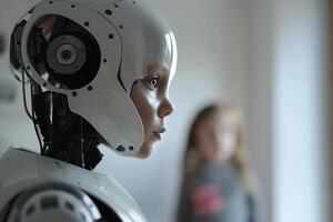 Humanoid robot with glossy white finish displays serene expression, engaging with blurred child in the background, highlighting futuristic blend of companionship and technology. photo