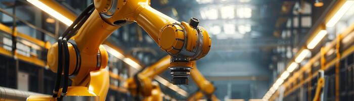 Industrial robot arm at work within factory setting, highlighted by its precision and efficiency in manufacturing processes. Automation, industry and modern manufacturing technologies. photo