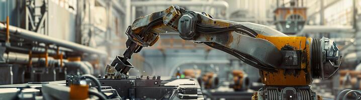 Industrial robot arm at work within factory setting, highlighted by its precision and efficiency in manufacturing processes. Automation, industry and modern manufacturing technologies. photo