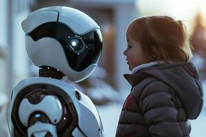 Child in a winter jacket and a futuristic robotic nanny outdoors. This image captures the blend of human emotion and advanced robotics, ideal for discussions on AI in childcare. photo