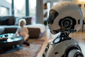 Highly advanced robotic nanny in modern living room, its digital eyes focused attentively while a blurred figure of a child sits in the background, showcasing futuristic home childcare. photo