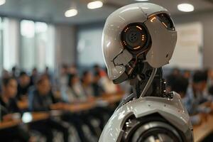 Robotic teacher in classroom, modern educational environment. Perfect for themes of futuristic education, technology integration in schools. Robot, cyborg educator. photo