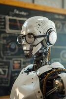 Robotic teacher in classroom, against chalkboard, highlighting its role in modern educational environment. Perfect for themes of futuristic education, technology integration in schools. photo