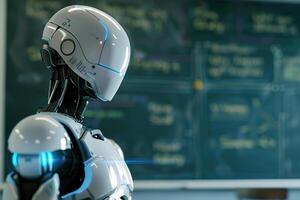 Robotic teacher in classroom, modern educational environment. Perfect for themes of futuristic education, technology integration in schools. Robot, cyborg educator. photo