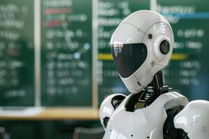 Robotic teacher in classroom, modern educational environment. Perfect for themes of futuristic education, technology integration in schools. Robot, cyborg educator. photo