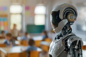 Robotic teacher in classroom, modern educational environment. Perfect for themes of futuristic education, technology integration in schools. Robot, cyborg educator. photo