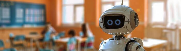 Robotic teacher in classroom, modern educational environment. Perfect for themes of futuristic education, technology integration in schools. Robot, cyborg educator. Panoramic banner. photo