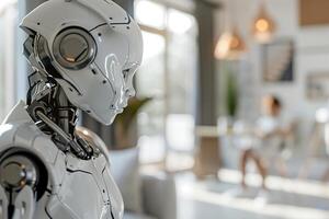 Highly advanced robotic nanny in modern living room, its digital eyes focused attentively while a blurred figure of a child sits in the background, showcasing futuristic home childcare. photo