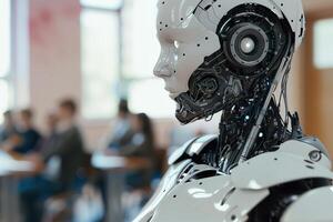 Robotic teacher in classroom, modern educational environment. Perfect for themes of futuristic education, technology integration in schools. Robot, cyborg educator. photo