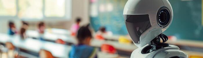 Robotic teacher in classroom, against chalkboard, highlighting its role in modern educational environment. Perfect for themes of futuristic education, technology integration in schools. photo