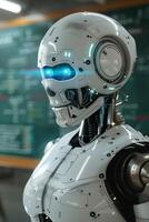 Robotic teacher in classroom, against chalkboard, highlighting its role in modern educational environment. Perfect for themes of futuristic education, technology integration in schools. photo