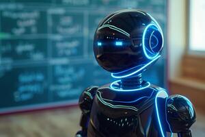 Robotic teacher in classroom, against chalkboard, highlighting its role in modern educational environment. Perfect for themes of futuristic education, technology integration in schools. photo
