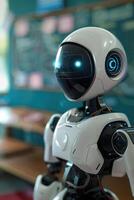 Robotic teacher in classroom, against chalkboard, highlighting its role in modern educational environment. Perfect for themes of futuristic education, technology integration in schools. photo