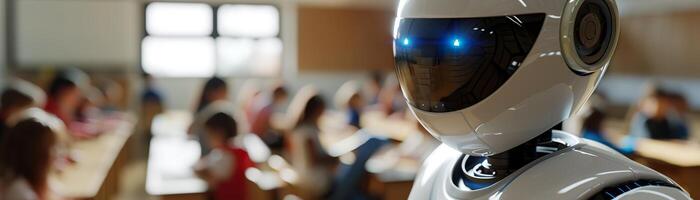 Robotic teacher in classroom, modern educational environment. Perfect for themes of futuristic education, technology integration in schools. Robot, cyborg educator. Panoramic banner. photo