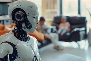 Futuristic robotic nanny gazes forward while a children play in blurred background of a modern home. This image illustrates the intersection of technology and caregiving photo
