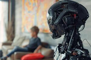 Futuristic robotic nanny gazes forward while a child plays in blurred background of a modern home. This image illustrates the intersection of technology and caregiving. photo