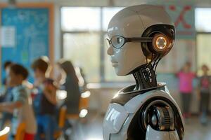 Robotic teacher in classroom, modern educational environment. Perfect for themes of futuristic education, technology integration in schools. Robot, cyborg educator. photo