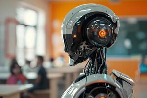 Robotic teacher in classroom, modern educational environment. Perfect for themes of futuristic education, technology integration in schools. Robot, cyborg educator. photo