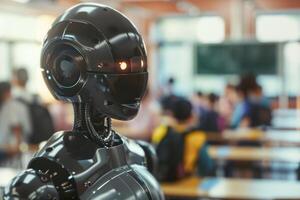 Robotic teacher in classroom, modern educational environment. Perfect for themes of futuristic education, technology integration in schools. Robot, cyborg educator. photo