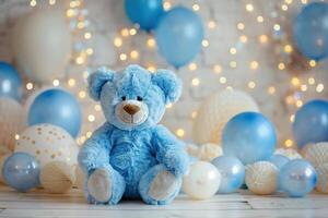 Blue background with cute teddy bear, bokeh lights, balloons and copy space. Festive backdrop with empty space for text. Greeting card for boy. Event for kids. Its a boy. photo