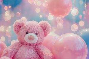 Girlish background with cute teddy bear, balloons, bokeh lights and copy space. Festive backdrop with empty space for text. Greeting card for kids. Event for children. Its a girl. photo