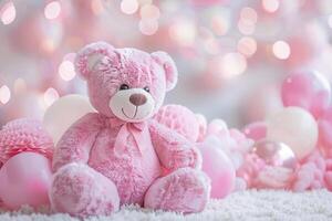 Girlish background with cute teddy bear, balloons, bokeh lights and copy space. Festive backdrop with empty space for text. Greeting card for kids. Event for children. Its a girl. photo