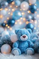 Blue background with cute teddy bear, bokeh lights, balloons and copy space. Festive backdrop with empty space for text. Greeting card for boy. Event for kids. Its a boy. photo