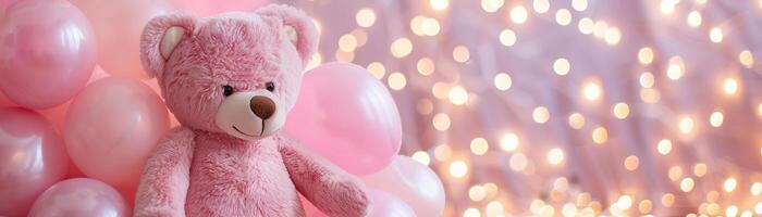 Girlish background with cute teddy bear, balloons, bokeh lights and copy space. Festive backdrop with empty space for text. Greeting card for kids. Event for children. Its a girl. photo