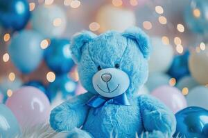 Blue background with cute teddy bear, bokeh lights, balloons and copy space. Festive backdrop with empty space for text. Greeting card for boy. Event for kids. Its a boy. photo