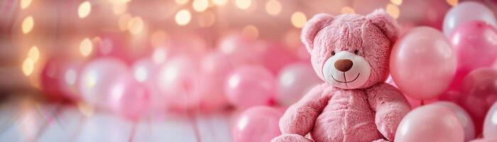 Girlish background with cute teddy bear, balloons, bokeh lights and copy space. Festive backdrop with empty space for text. Greeting card for kids. Event for children. Its a girl. photo