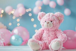Girlish background with cute teddy bear, balloons, bokeh lights and copy space. Festive backdrop with empty space for text. Greeting card for kids. Event for children. Its a girl. photo