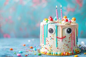 Birthday cake with funny eyes, balloons and copy space. Festive backdrop with empty space for text. Greeting card for children. Playful, vibrant design. Event for kids. photo