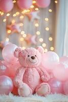 Girlish background with cute teddy bear, balloons, bokeh lights and copy space. Festive backdrop with empty space for text. Greeting card for kids. Event for children. Its a girl. photo