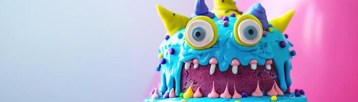 Colorful background with monster Birthday cake and copy space. Festive backdrop with empty space for text. Greeting card for children. Playful, vibrant design. Event for kids. Banner. photo