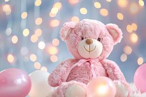 Girlish background with cute teddy bear, balloons, bokeh lights and copy space. Festive backdrop with empty space for text. Greeting card for kids. Event for children. Its a girl. photo
