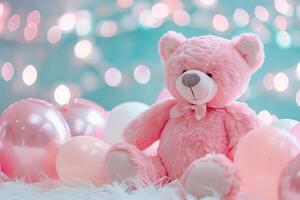 Girlish background with cute teddy bear, balloons, bokeh lights and copy space. Festive backdrop with empty space for text. Greeting card for kids. Event for children. Its a girl. photo