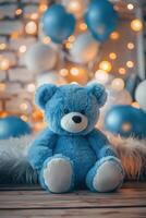 Blue background with cute teddy bear, bokeh lights, balloons and copy space. Festive backdrop with empty space for text. Greeting card for boy. Event for kids. Its a boy. photo