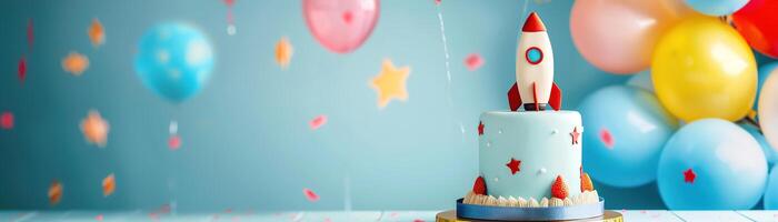 Blue background with Birthday cake with rocket, balloons and copy space. Festive backdrop with empty space for text. Greeting card for boy. Playful, vibrant design. Event for kids. photo