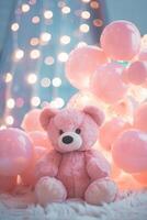 Girlish background with cute teddy bear, balloons, bokeh lights and copy space. Festive backdrop with empty space for text. Greeting card for kids. Event for children. Its a girl. photo