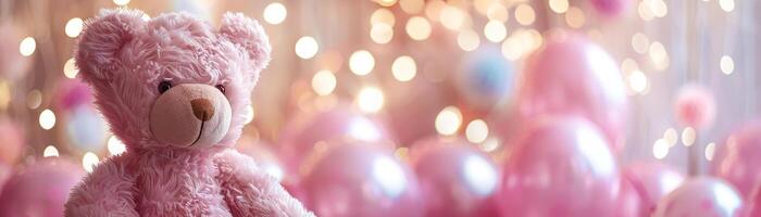 Girlish background with cute teddy bear, balloons, bokeh lights and copy space. Festive backdrop with empty space for text. Greeting card for kids. Event for children. Its a girl. photo